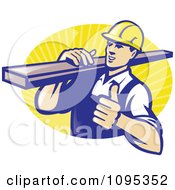 Poster, Art Print Of Retro Male Carpenter Holding A Thumb Up And Carrying Lumber Over Yellow Rays