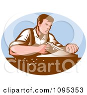 Clipart Retro Male Carpenter Working With Smooth Plane Over A Blue Oval Royalty Free Vector Illustration by patrimonio