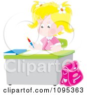Poster, Art Print Of Blond School Girl Studying At A Desk