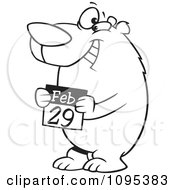 Black And White Outline Cartoon Leap Day Bear Holding A February 29th Calendar