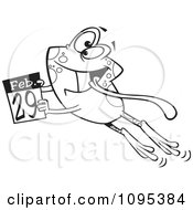 Black And White Outline Cartoon Leap Day Frog Jumping With A February 29th Calendar