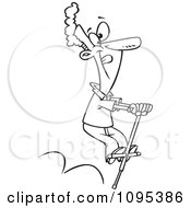 Black And White Outline Cartoon Man Hopping On A Pogo Stick On Leap Day