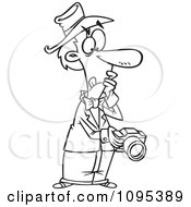 Clipart Black And White Outline Cartoon Photographer Chimping A Glance On His Camera Display Royalty Free Vector Illustration