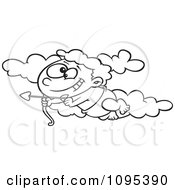 Poster, Art Print Of Black And White Outline Cartoon Baby Cupid Flying In The Sky With An Arrow