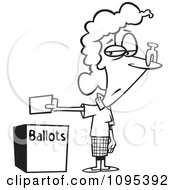 Black And White Outline Cartoon Female Voter With A Nose Plug Putting Her Ballot In A Box
