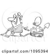 Clipart Black And White Outline Cartoon Male Inventor Introducing His Five In One Machine Royalty Free Vector Illustration