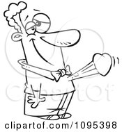 Black And White Outline Cartoon Man With His Heart Beating Out Of His Chest