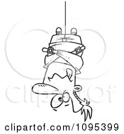 Black And White Outline Cartoon Man Hung Upside Down In A Straitjacket