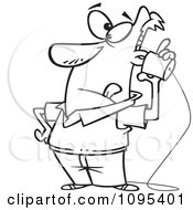 Black And White Outline Cartoon Low Tech Man Using A Can Phone