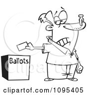 Black And White Outline Cartoon Voter With A Nose Plug Putting His Ballot In A Box