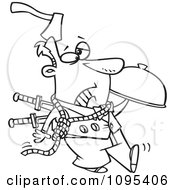 Poster, Art Print Of Black And White Outline Cartoon Murder Mystery Server Man With An Axe In His Head And Knives In His Back