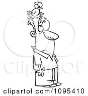 Clipart Black And White Outline Cartoon Man With A Bird Nesting On His Head Royalty Free Vector Illustration