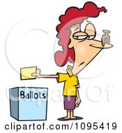 Cartoon Female Voter With A Nose Plug Putting Her Ballot In A Box