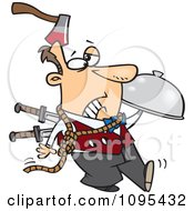 Poster, Art Print Of Cartoon Murder Mystery Server Man With An Axe In His Head And Knives In His Back