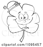 Clipart Outlined Happy Smiling St Patricks Day Shamrock Wearing A Hat Royalty Free Vector Illustration by Hit Toon