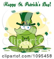 Clipart Happy St Patricks Day Greeting Over A Frog Wearing A Shamrock Hat Royalty Free Vector Illustration by Hit Toon