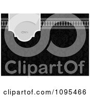 Clipart Gray Banner With A Swirl And Border Over Black Damask Royalty Free Vector Illustration