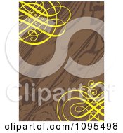 Poster, Art Print Of Wood Grain Wedding Invitation With Ornate Yellow Swirls In The Corners