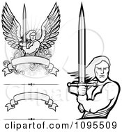 Male Angel Warriors Holdinh Swords And Blank Banners