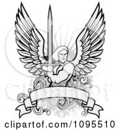 Clipart Male Angel Warrior Holding A Sword Over A Blank Banner Royalty Free Vector Illustration by BestVector
