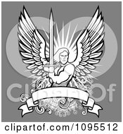 Male Angel Holding A Sword Over A Blank Banner On Gray