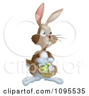 Poster, Art Print Of Brown Bunny Hunting Easter Eggs And Holding A Basket