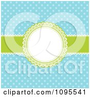 Clipart Retro Blue Polka Dot Background With A Green And White Round Frame And Ribbon Royalty Free Vector Illustration