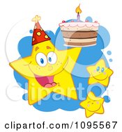 Poster, Art Print Of Happy Yellow Stars With A Birthday Cake Over Blue Splatters
