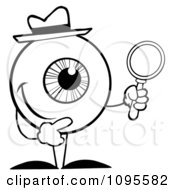 Black And White Eyeball Character Detective Holding A Magnifying Glass