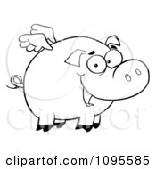 Poster, Art Print Of Outlined Winged Pig Smiling And Flying