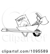 Poster, Art Print Of Outlined Wheelbarrow With Garden Tools And Seeds