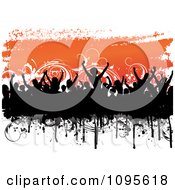 Poster, Art Print Of Black Silhouetted Crowd And Grunge Over Orange And Floral Vines On White