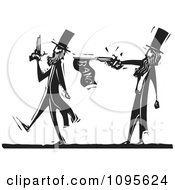 Poster, Art Print Of Dueling Man Pacing Away From An Opponent With A Prank Gun Black And White Woodcut