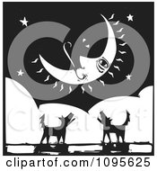 Silhouetted Dogs Barking Under A Crescent Moon Black And White Woodcut