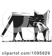 Poster, Art Print Of Cat Carrying A Dead Bird In Its Mouth Black And White Woodcut