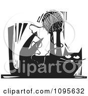 Clipart Cat Playing With A Ball Of Yarn Black And White Woodcut Royalty Free Vector Illustration by xunantunich #COLLC1095632-0119