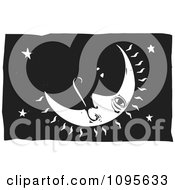 Clipart Crescent Moon Relaxing In The Sky Black And White Woodcut Royalty Free Vector Illustration