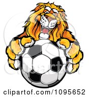 Poster, Art Print Of Male Lion Mascot Holding Out A Soccer Ball