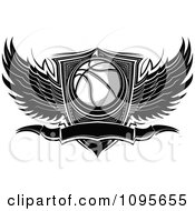 Poster, Art Print Of Black And White Winged Basketball Banner And Shield