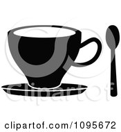 Clipart Silhouetted Black And White Coffee Mug And Saucer And Spoon Royalty Free Vector Illustration by Frisko