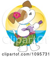 Poster, Art Print Of Hawaiian Puppy Wearing A Hula Skirt And Playing A Ukulele Against A Horizon