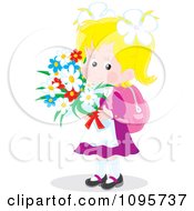 Clipart Sweet School Girl Carrying Mothers Day Flowers Royalty Free Vector Illustration by Alex Bannykh