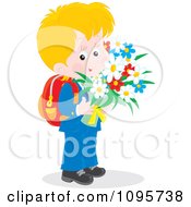 Poster, Art Print Of Sweet School Boy Carrying A Bouquet Of Flowers