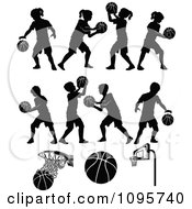 Poster, Art Print Of Silhouetted Boys And Girls Playing Basketball