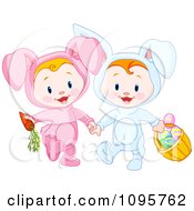Poster, Art Print Of Two Easter Babies In Bunny Costumes With A Carrot And Basket Of Eggs