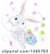 Poster, Art Print Of Cute Gray Easter Bunny Dancing With Butterflies And Eggs