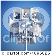 Poster, Art Print Of 3d Megaphone Loudspeakers On A Pole Against A Blue Sky