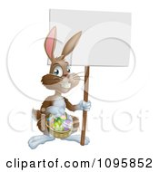 Clipart Brown Easter Bunny Holding A Sign And Basket Of Eggs Royalty Free Vector Illustration