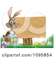 Poster, Art Print Of Brown Easter Bunny Holding A Basket Of Eggs By A Wood Sign In Grass