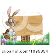 Clipart Brown Easter Bunny Holding A Basket Of Eggs By A Wood Sign In Grass Royalty Free Vector Illustration